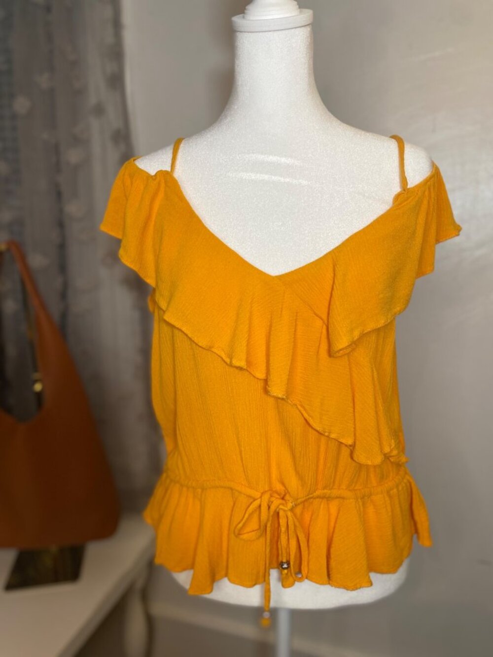 Forever 21 Mustard Yellow Off Shoulder Ruffle Peplum Top Size L